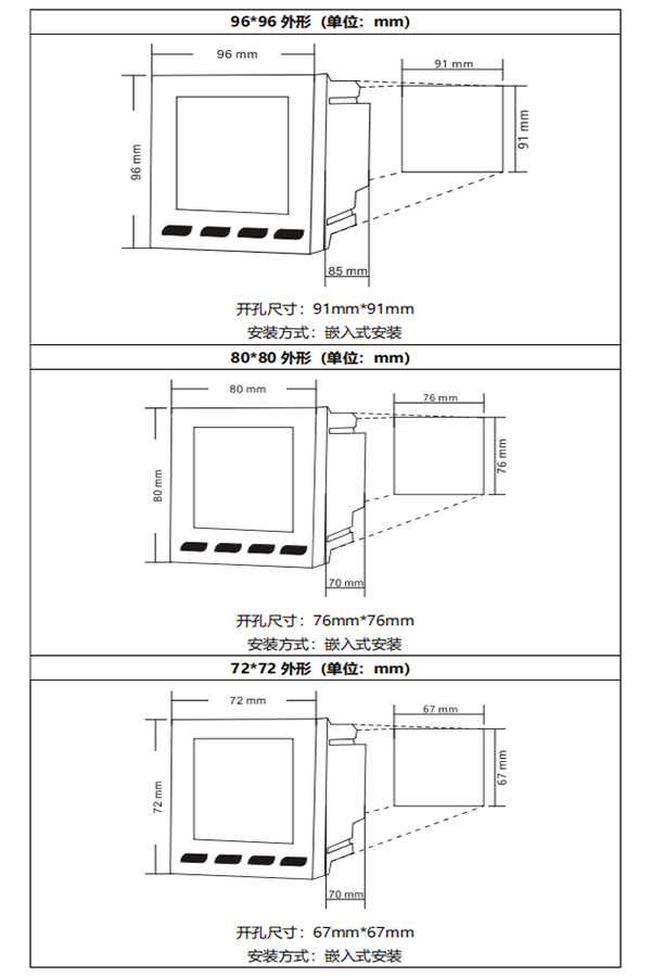 三相多功能仪表安装尺寸图